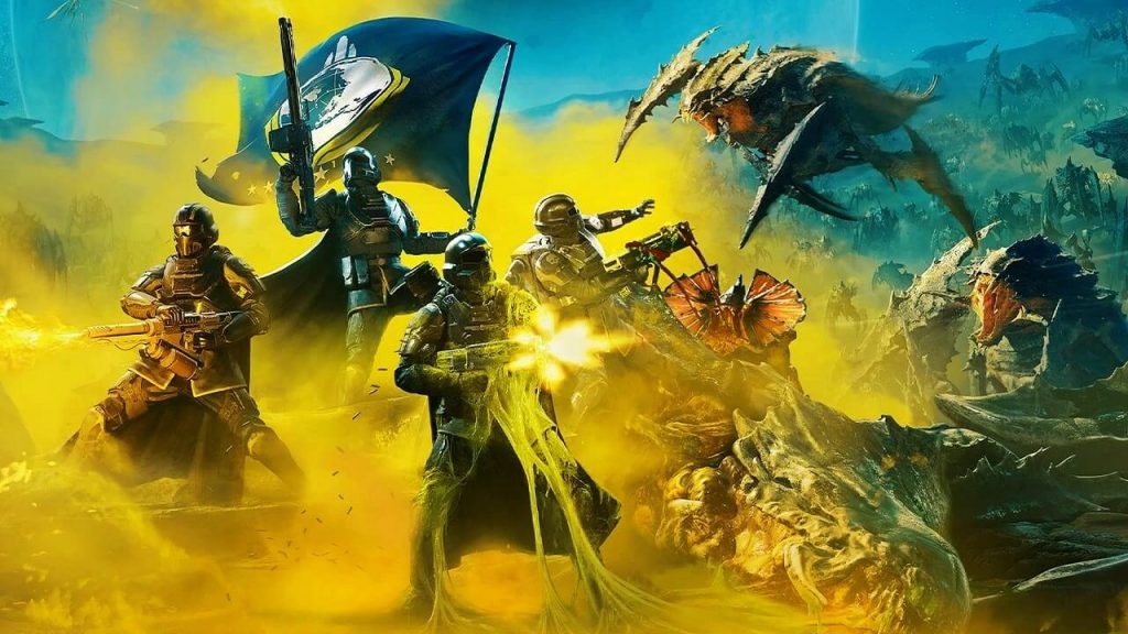 Helldivers 2 artwork depicts a group of four Helldivers working together to repel Terminid enemies.