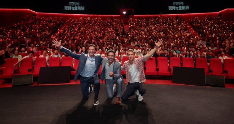 Hugh Jackman, Shawn Levy, and Ryan Reynolds during the World Press Tour for Deadpool 3 in Shanghai | Marvel Studios/X