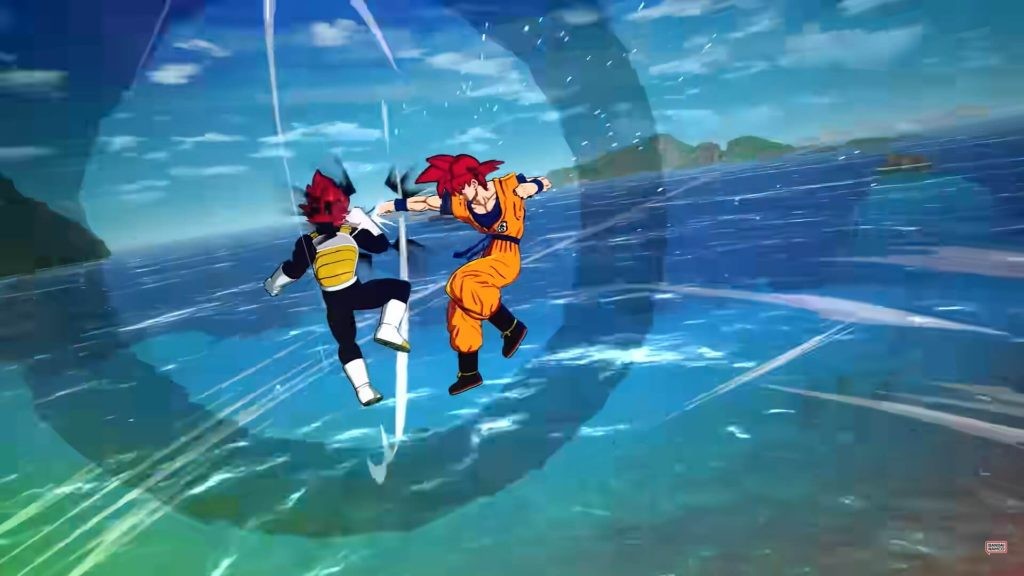 Goku and Vegeta fighting with Super Saiyan Gods transformation above the sea in Dragon Ball: Sparking Zero.