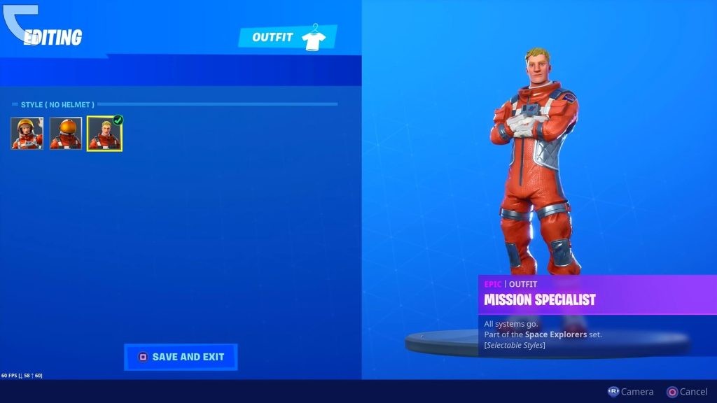 A Fortnite character with a blue background during customization.