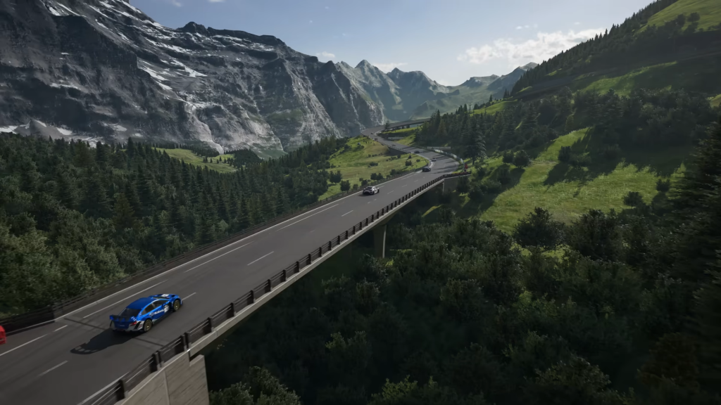 A look at the Gran Turismo 7 July update showing cars racing the new Eiger Nordwand track.