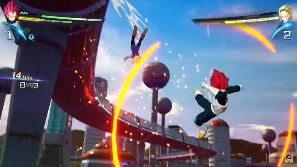 A kick from Super Saiyan God Vegeta sends 18 flying.