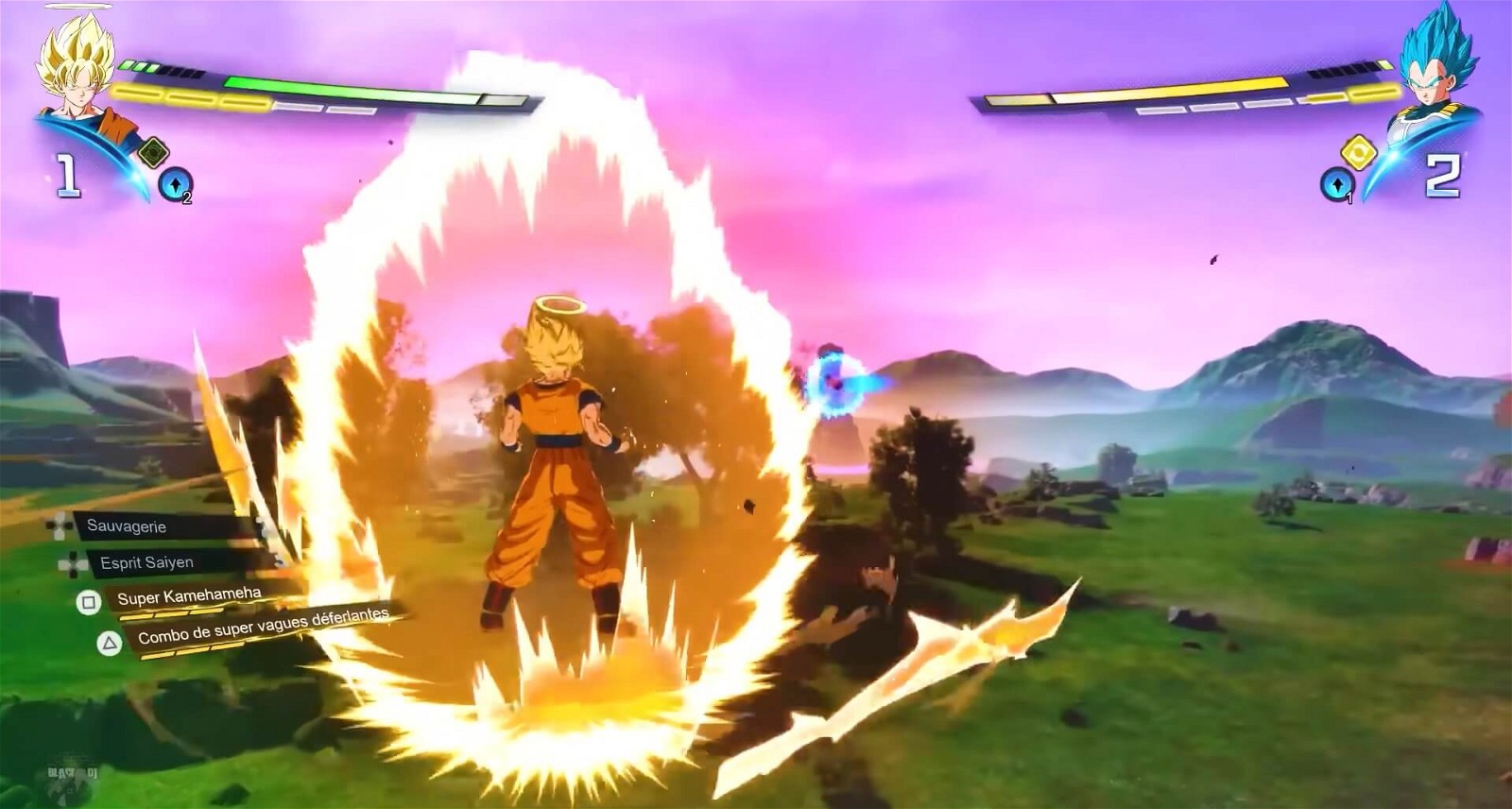 Super Saiyan Blue Vegeta is shifting position while Super Saiyan Goku charges ki. Credits: BLACK DJ