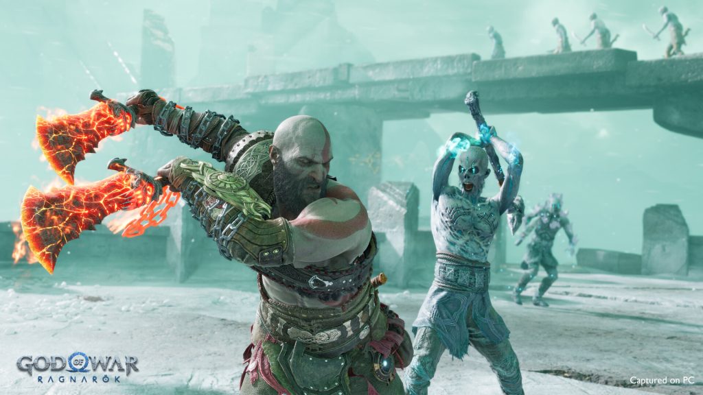 the image shows kratos fighting a small mob in God of War Ragnarök