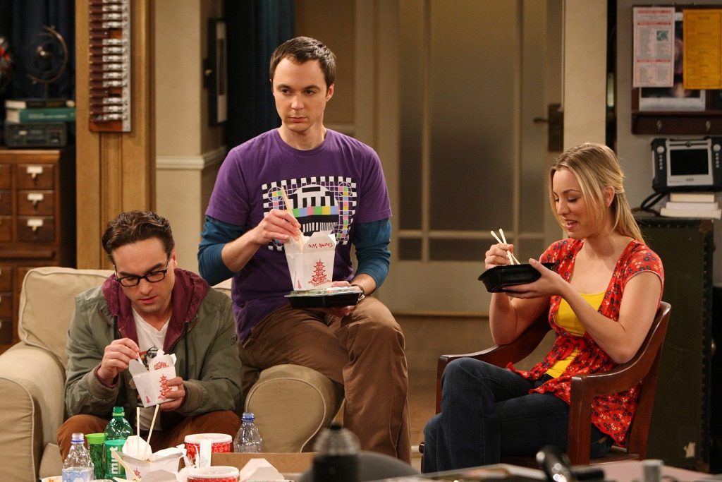 The Big Bang Theory: an image with Johnny Galecki, Jim Parsons and Kaley Cuoco (Credit: Warner Bros. Television)