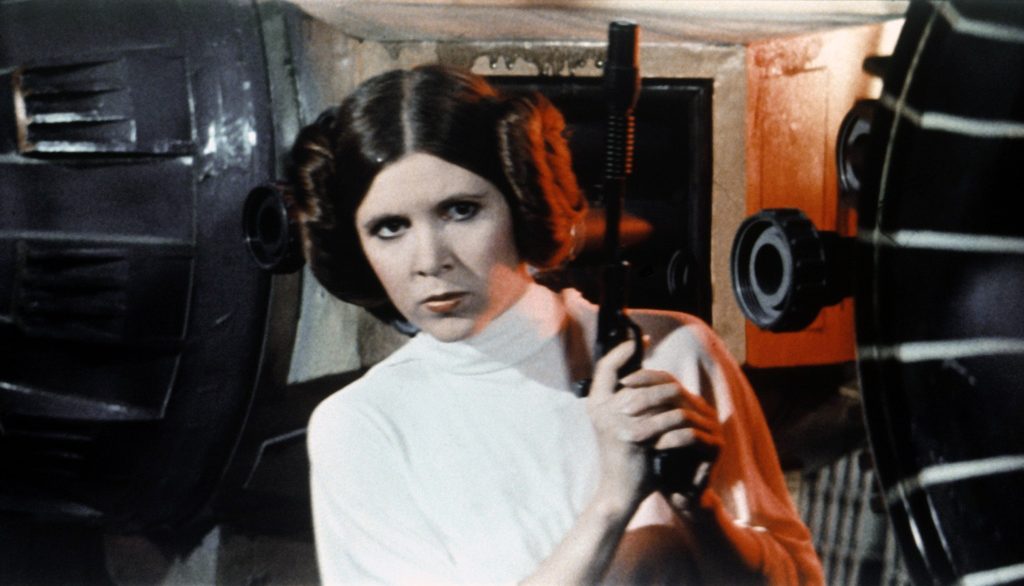 Carrie Fisher di lokasi syuting Star Wars: Episode IV – Harapan Baru [Photo: Sunset Boulevard/Corbis]