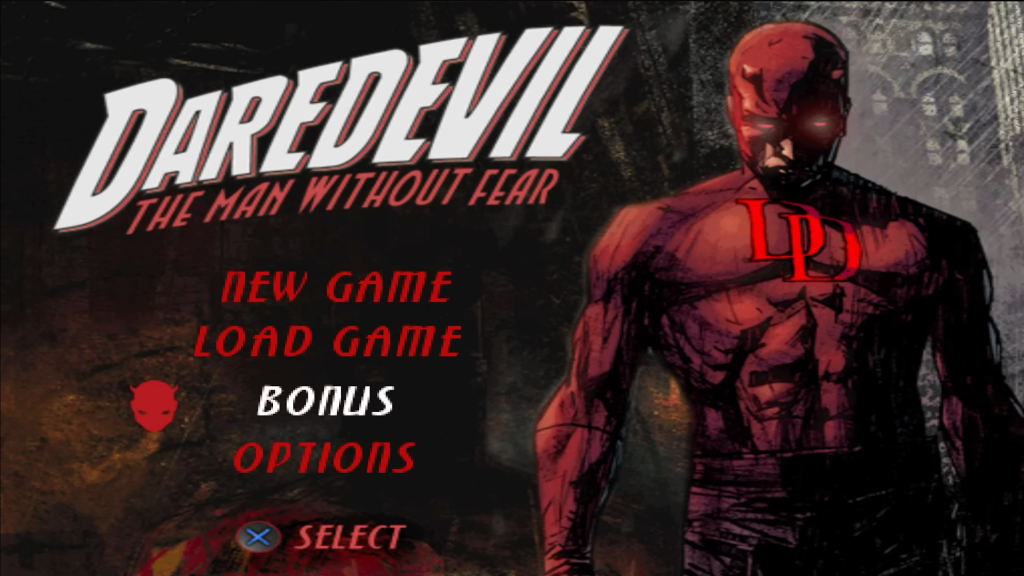 The main menu screen of Daredevil: The Man WIthout Fear