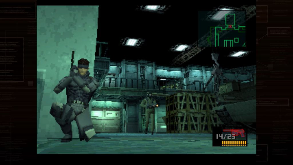 A still from Metal Gear Solid 1, showcasing Solid Snake in a stealth position.