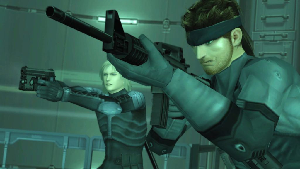 A still from Metal Gear Solid 2: Sons of Liberty, featuring Solid Snake and Raiden.