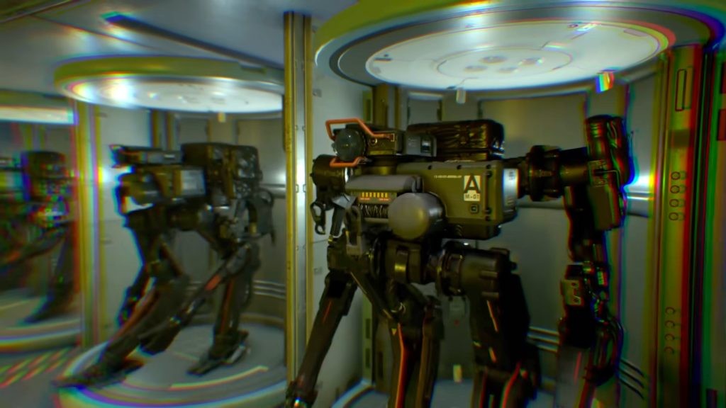 A snapshot of a robot from the official trailer for Starfield's upcoming expansion, Shattered Space. 