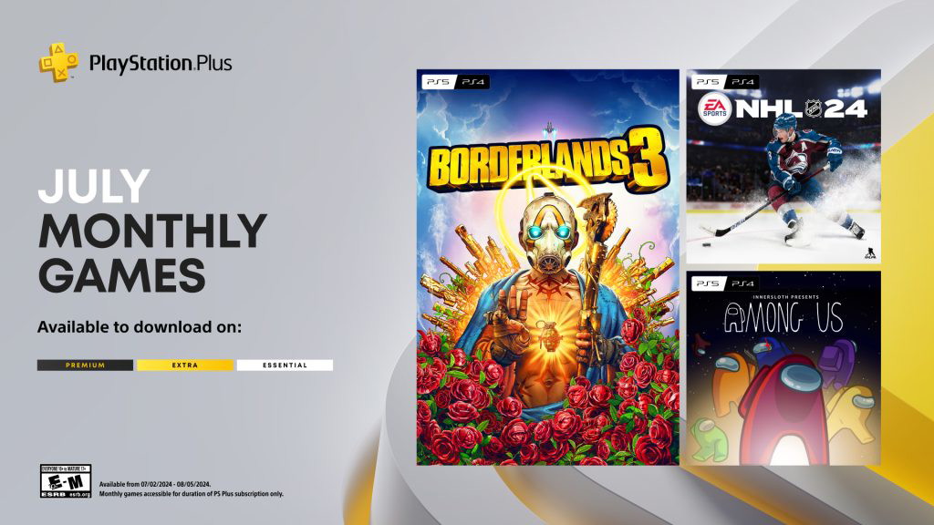 An image showing PlayStation Plus' July monthly games, featuring Borderlands 3, Among Us, and NHL '24.