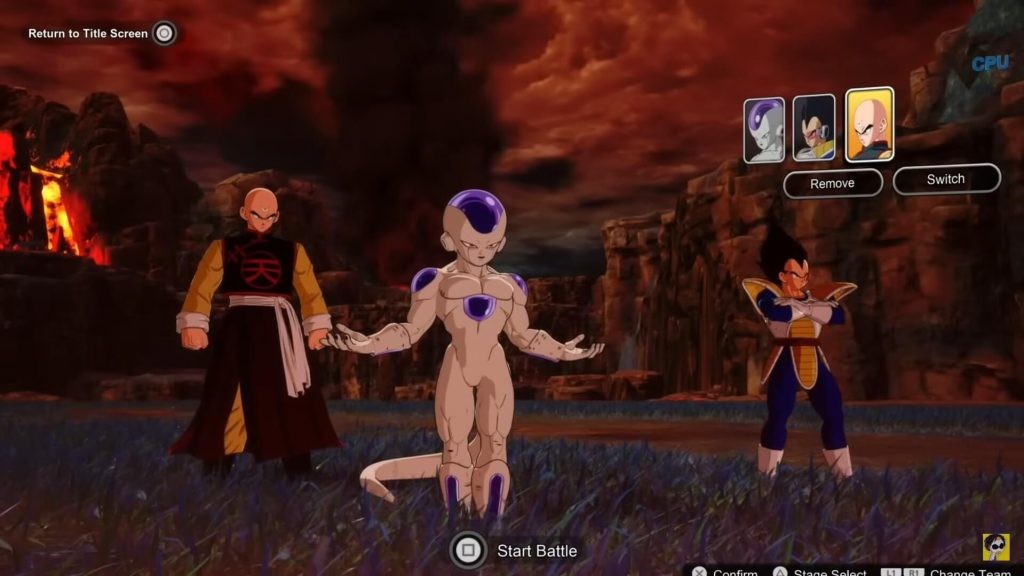 Character selection screen featuring Tien, Frieza, and Vegeta in Dragon Ball: Sparking Zero.