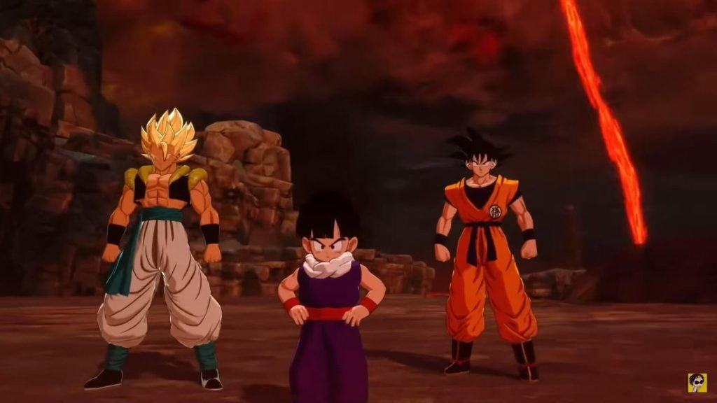 Gogeta, Kid Gohan, and Goku with a planetary hazard in the background.