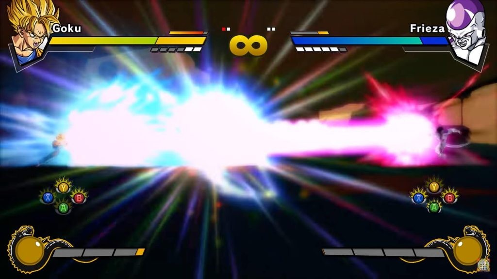 A beam clash between Frieza and Super Saiyan Goku from Dragon Ball Z: Burst Limit.