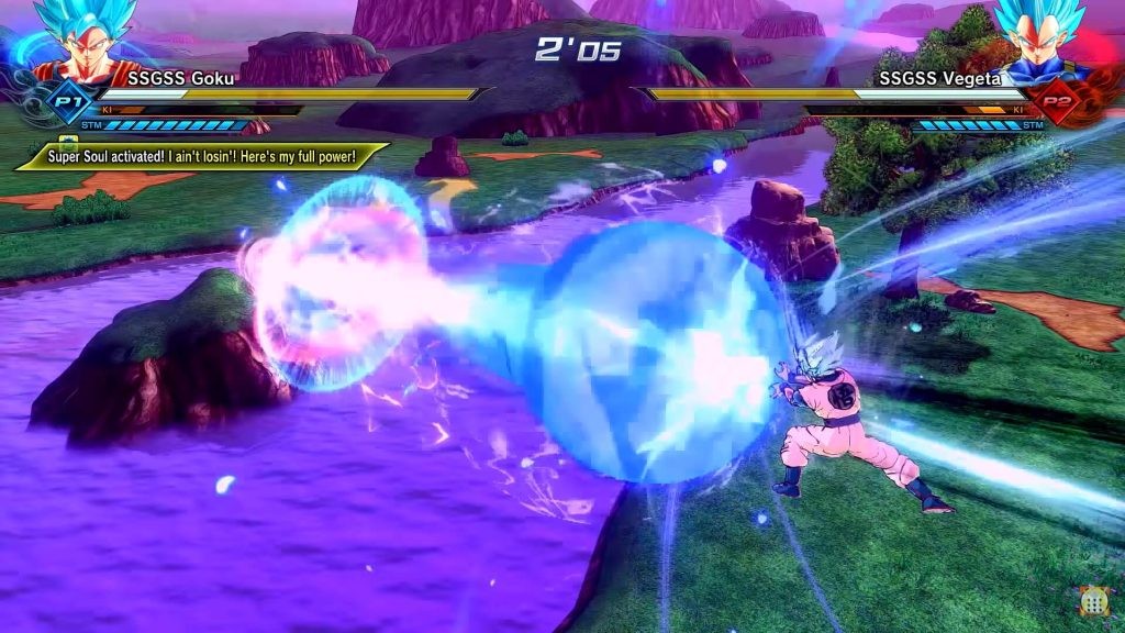 Super Saiyan Blue Goku and Super Saiyan Blue Vegeta in a beam struggle.