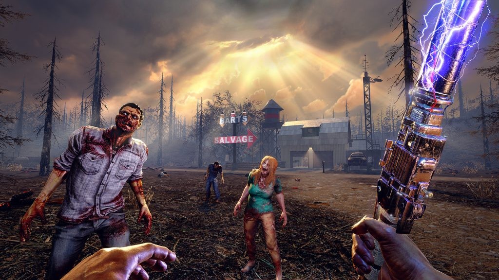An in-game screenshot from 7 Days to Die, showing zombies and the player wielding a melee weapon against them.