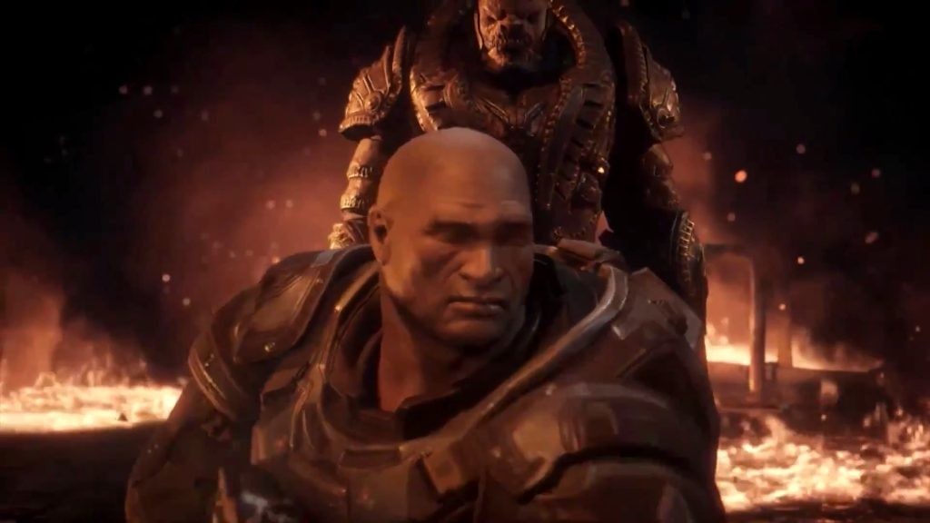 A screenshot from Gears of War Ultimate Edition, showing RAAM and Minh right before the latter's death. 