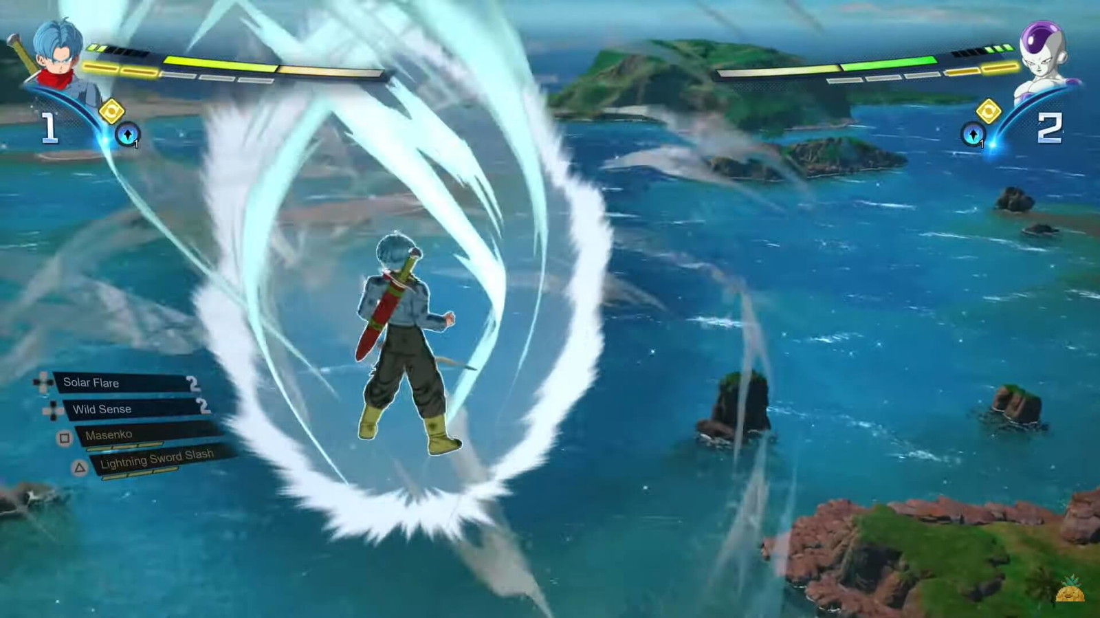 Trunks charging his ki above the sea in Dragon Ball: Sparking Zero. Credits: Vocal Pineapple Academia on YouTube