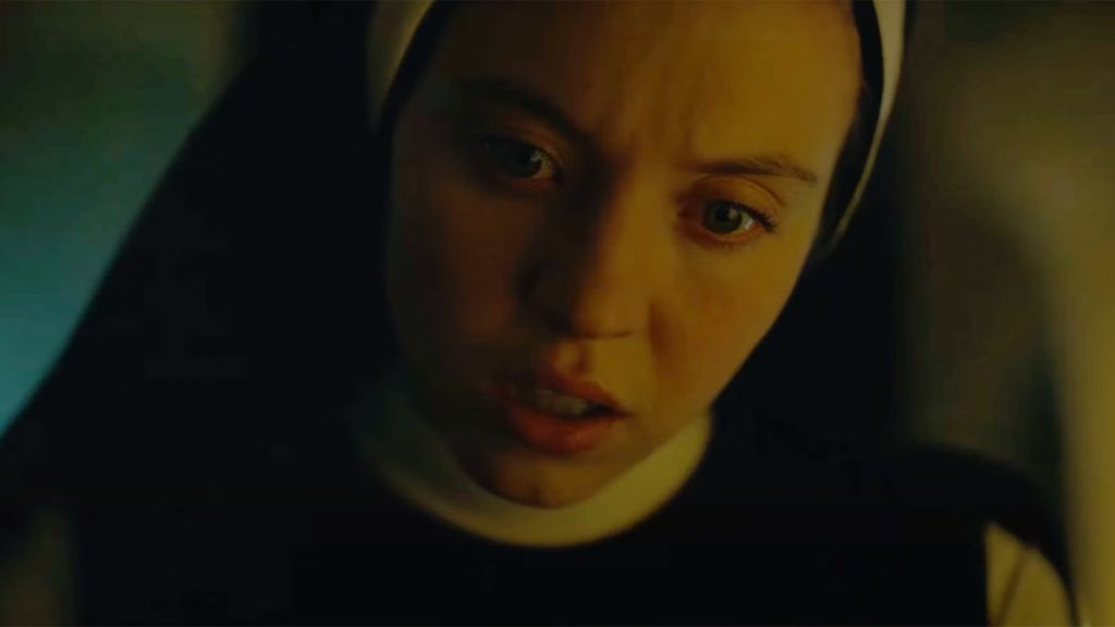 Sydney Sweeney is shocked in a scene from Immaculate