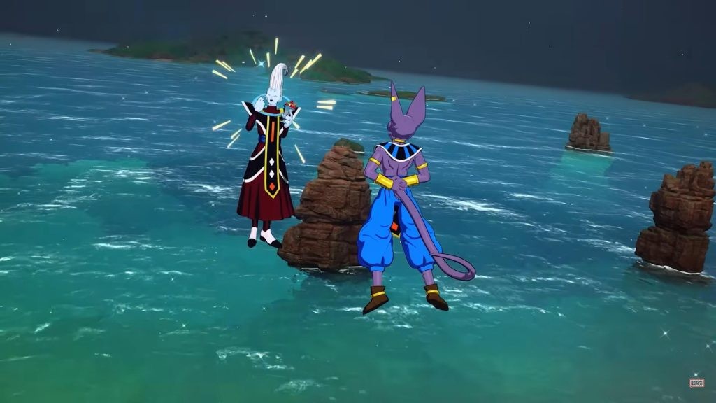 Whis enjoying some ice-cream as Beerus watches in Dragon Ball: Sparking Zero.
