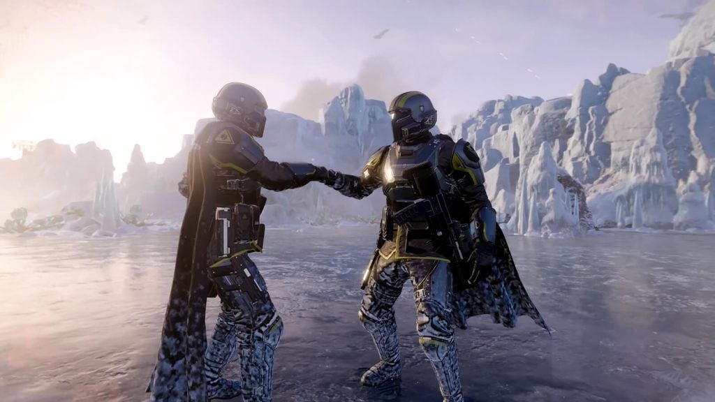 A Helldivers 2 screenshot shows two soldiers doing an elaborate handshake.