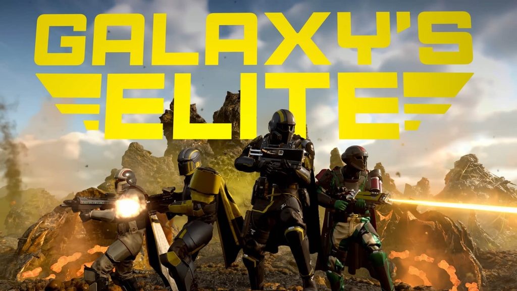A screenshot from the Helldivers 2 trailer shows a squad of four players shooting at targets off-camera, with the words "Galaxy's Elite" appearing in bold behind them.