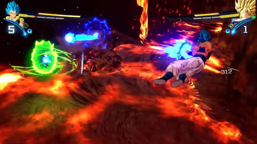 Super Saiyan Blue Gogeta attacking Broly with ki blasts in Dragon Ball: Sparking Zero.