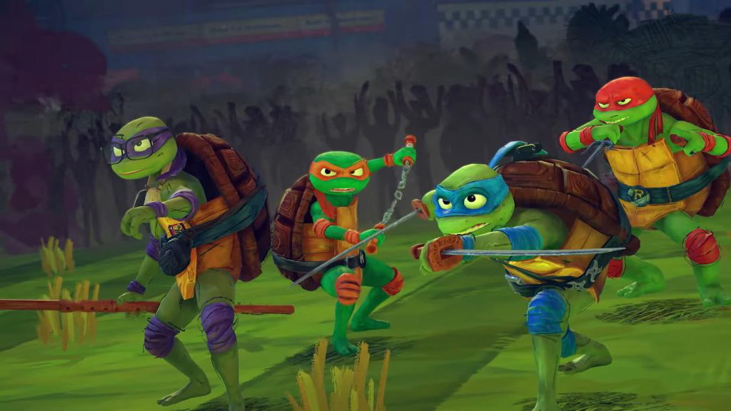 A screenshot from the recently-released Teenage Mutant Ninja Turtles: Mutant Unleashed announce trailer featuring the iconic quartet of mutant brothers: Leonardo, Raphael, Donatello, and Michael. 