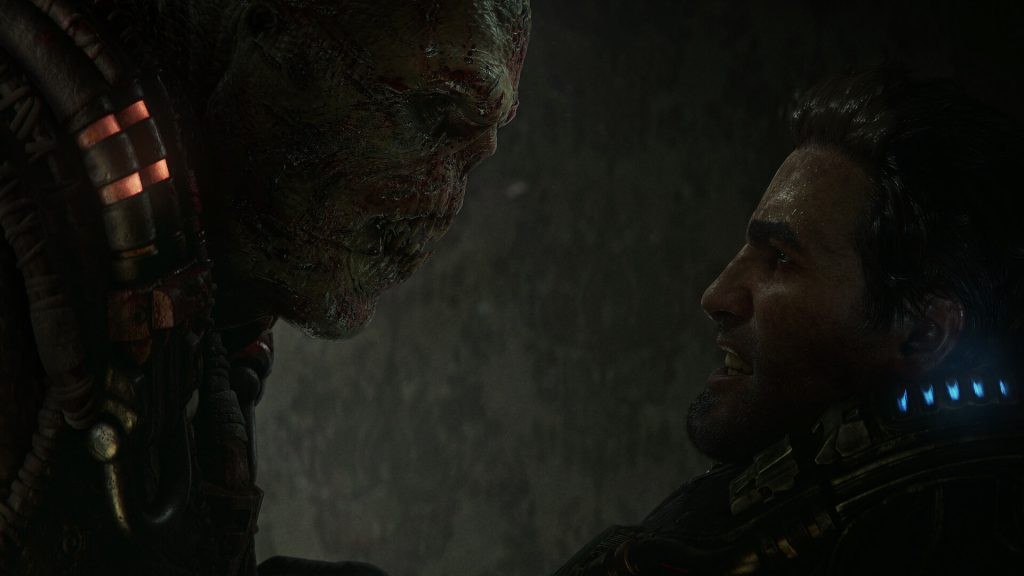 Marcus Fenix and a Locust facing off against each other in the Gears of War: E-Day trailer. 