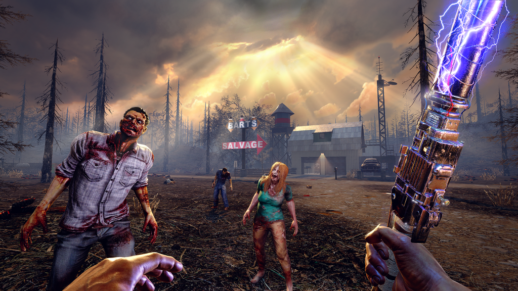 Zombies approaching a player holding a stun bat.