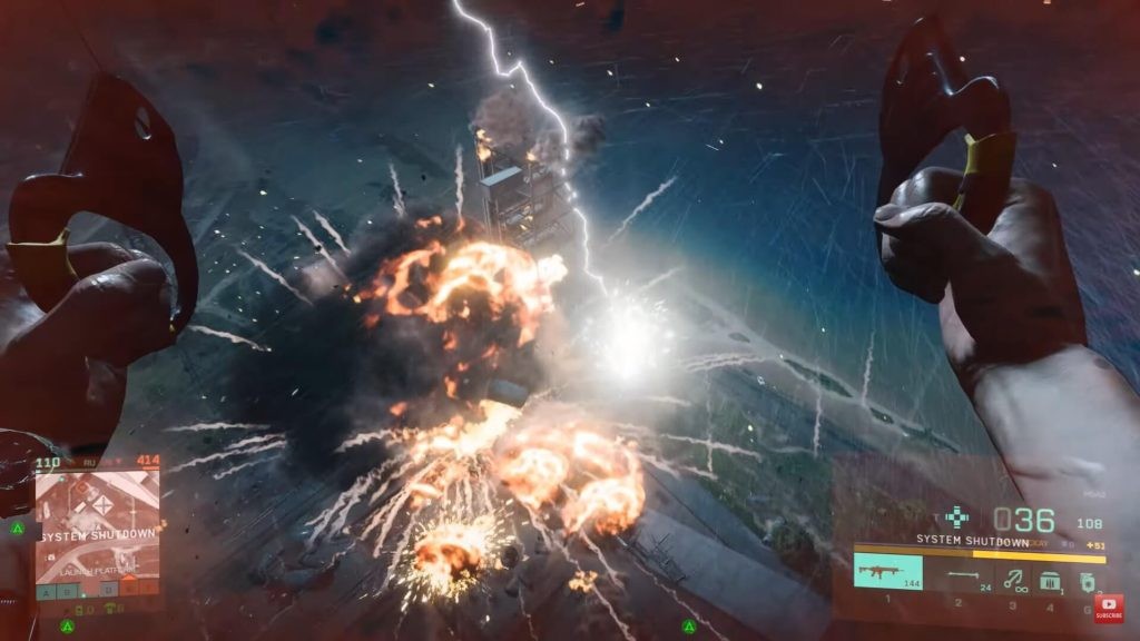 A lightening strike destroys a rocket ship in Battlefield 2042.