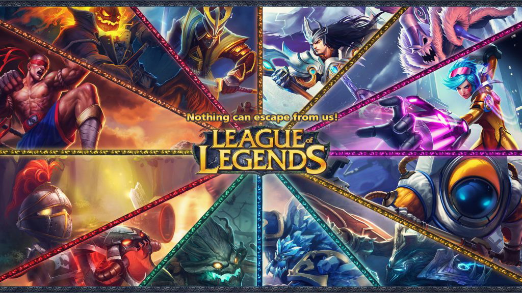 League of Legends logo with characters behind it.