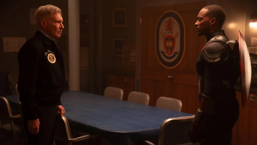 Harrison Ford and Anthony Mackie confront at the Oval Office