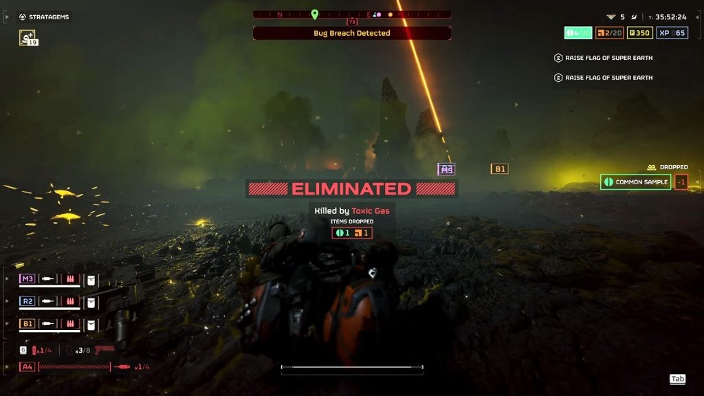 Helldivers 2 screenshot of a death screen, with the words 'Eliminated: Killed by Toxic Gas' in the center.