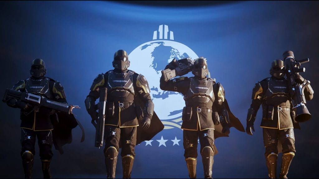 A screenshot from Helldivers 2 shows four Helldivers marching together, each holding a different weapon.