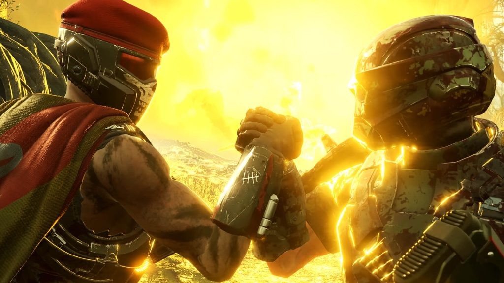 A screenshot from the Helldivers 2 Viper Commandos Warbond trailer featuring two Helldivers exchanging an epic handshake against the backdrop of an explosion. 