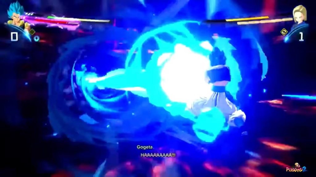 Gogeta using a Kamehameha wave on Android 18.