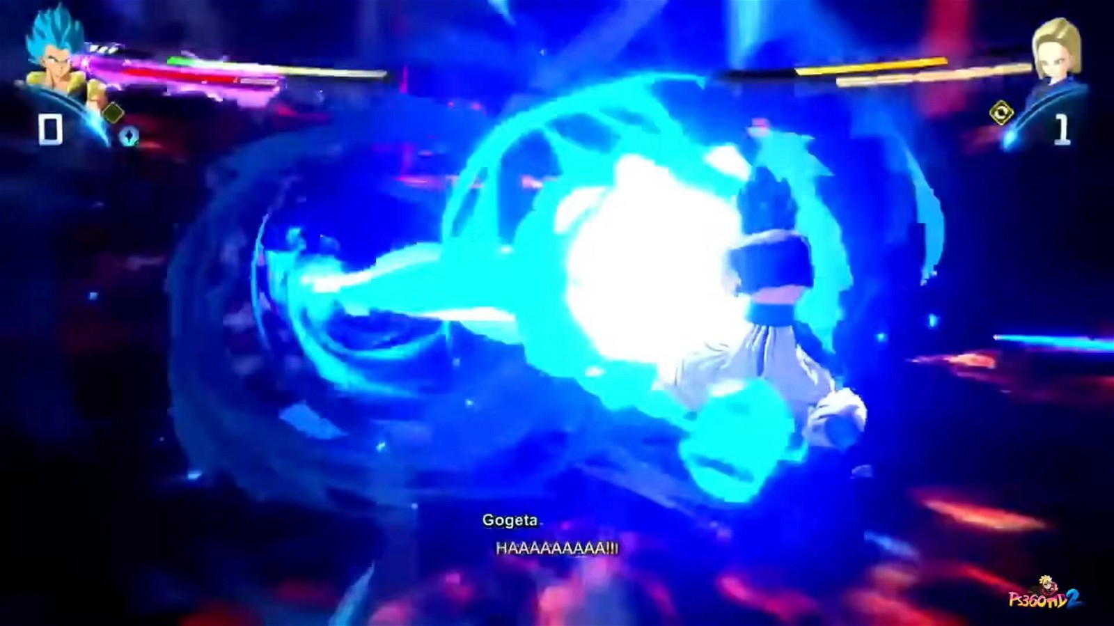 Gogeta using a Kamehameha wave on Android 18. Credits: PS360HD2 on YouTube