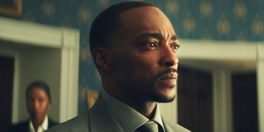 A close-up of Anthony Mackie showing his angry expression in Captain America: Brave New World.