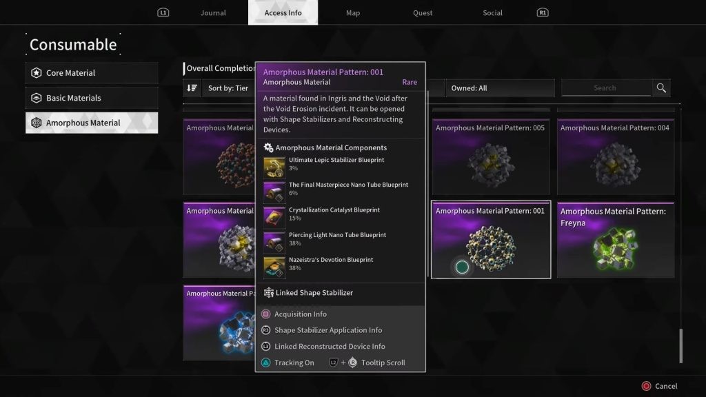 An in-game screenshot featuring Amorphous Materials, a type of raw resource found in The First Descendant.