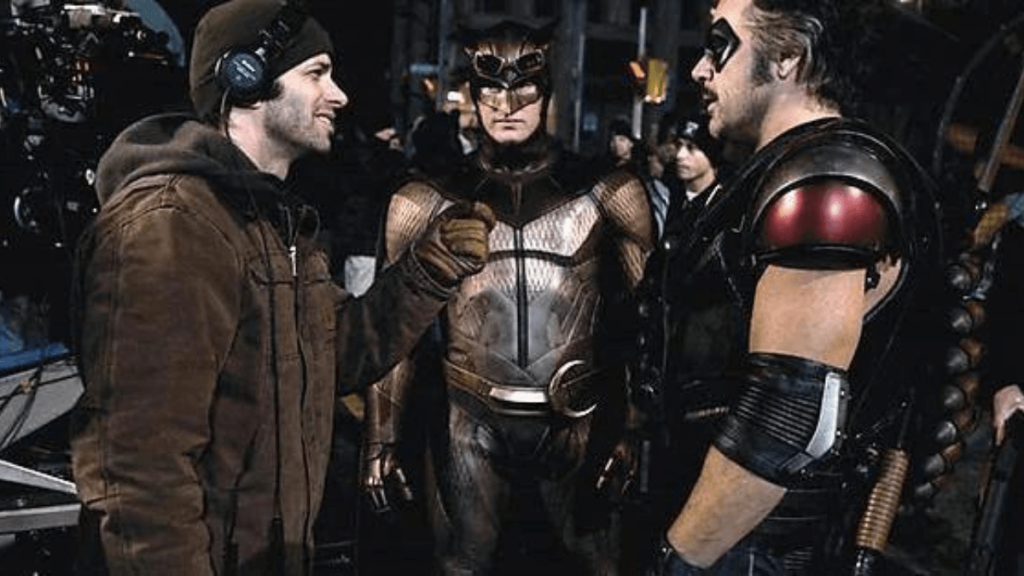 Zack Snyder with Patrick Wilson and Jeffrey Dean Morgan on the set of Watchmen