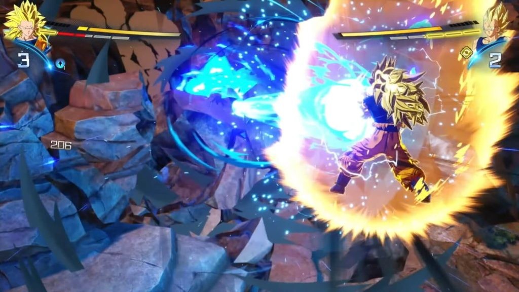 Goku Super Saiyan 3 attacking Majin Vegeta with a Turtle Destruction Wave in Dragon Ball: Sparking Zero.