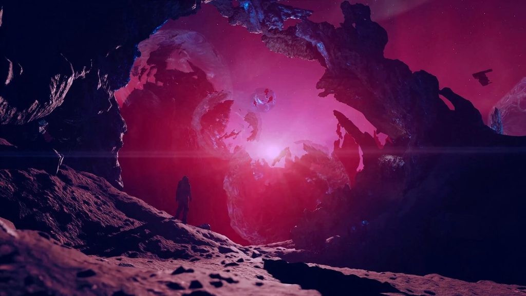 A screenshot from the upcoming Shattered Space DLC for Starfield showcasing an unsettling red-hued landscape.
