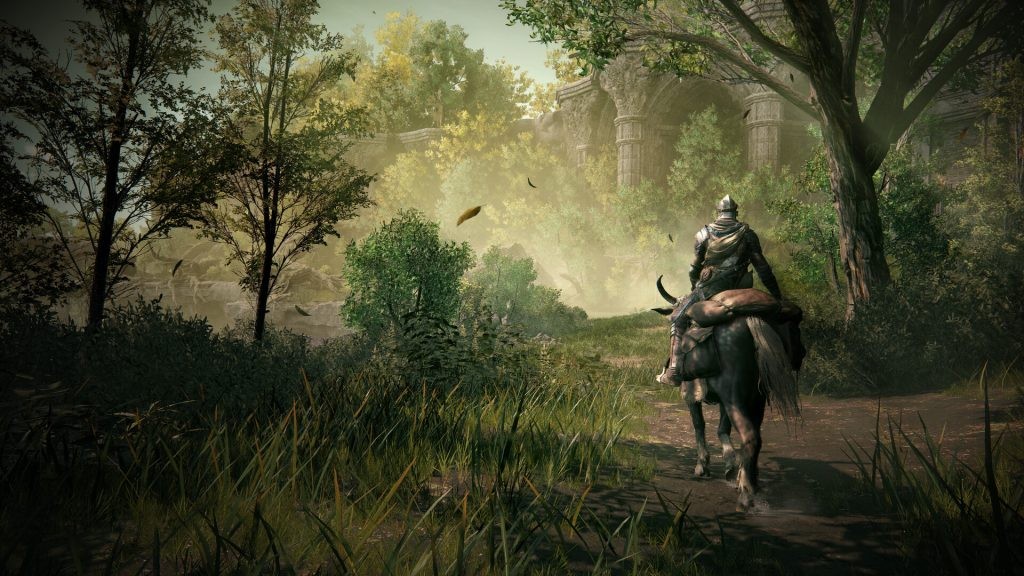 A screenshot from Elden Ring's Steam product page, showing a tarnished on thier steed. 