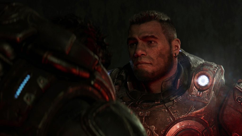 Dom looks at Marcus in Gears of War: E-Day