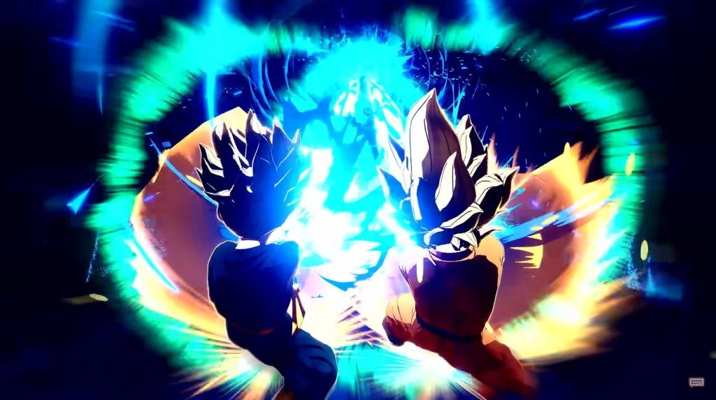 Trunks and Goten executing energy attacks in tandem in Dragon Ball: Sparking Zero.