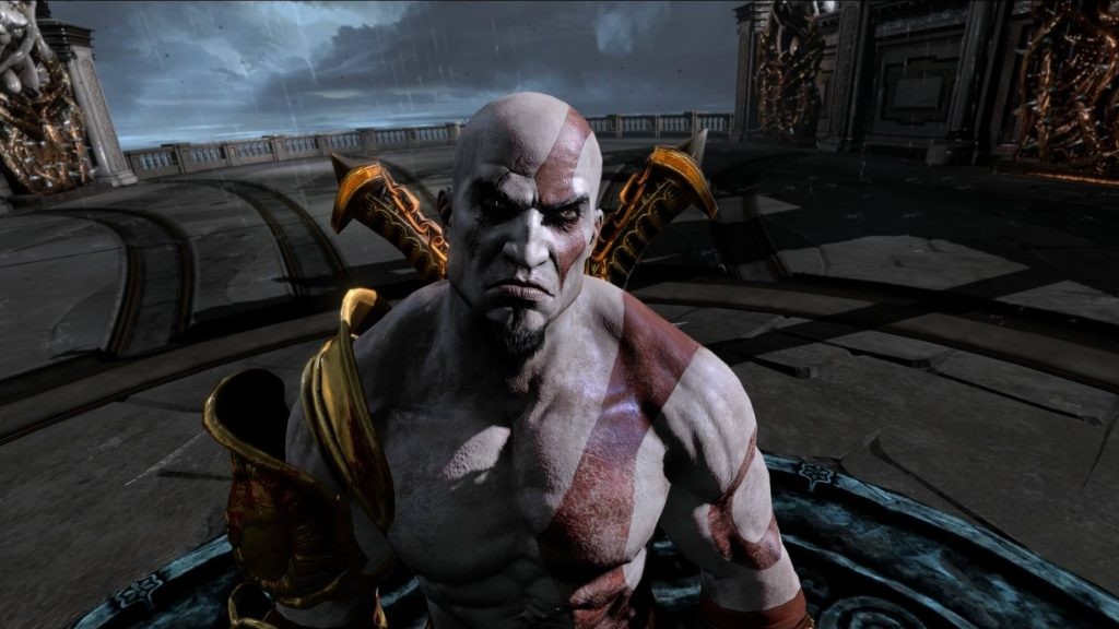 A still from God of War 3, featuring Kratos right before his fight with Hercules.
