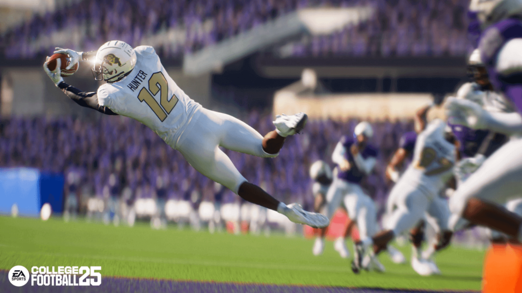 the image shows a player catching the ball in EA Sports College Football 