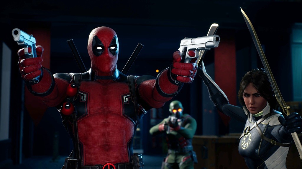 In-game image of Deadpool duel-wielding two handguns from the video game Deadpool (2013).  
