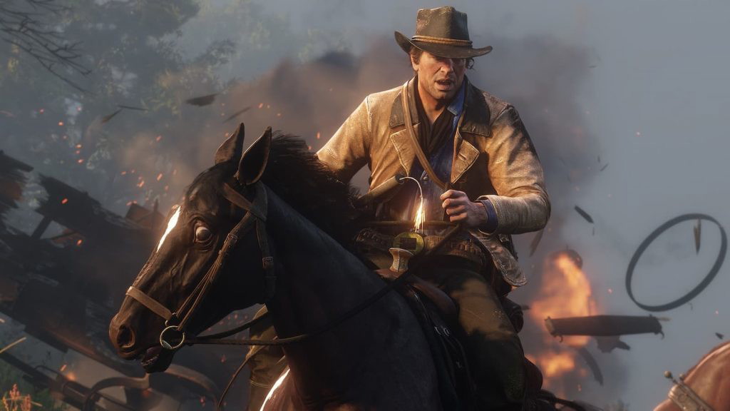 Arthur Morgan holding a stick of dynamite on horseback in Red Dead Redemption 2